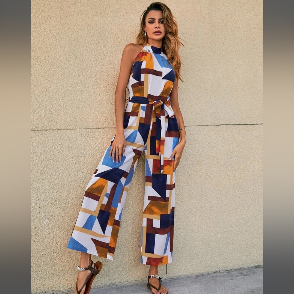 Geometric Halter Neck Wide Leg Jumpsuit